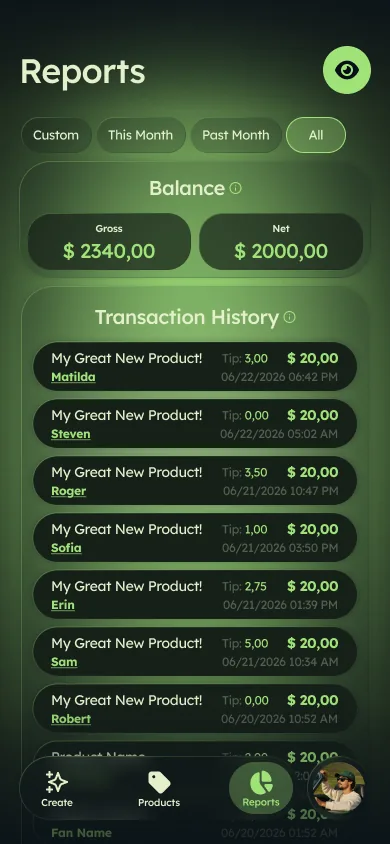 Reports screen: balance and transaction history